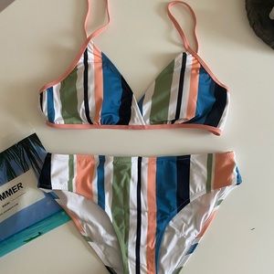 Striped triangle top and high cut bottom bikini